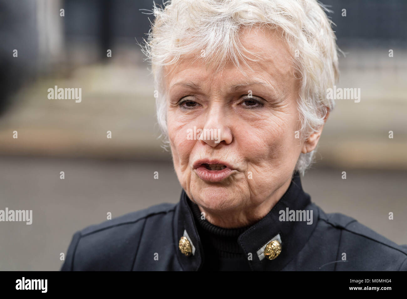 London, 23rd January 2018, Dame Julie Walters, actress and writer  arrives in Downing Street to present a Woman's Aid petition against proposed changes in funding for Women's refuges. Credit: Ian Davidson/Alamy Live News Stock Photo