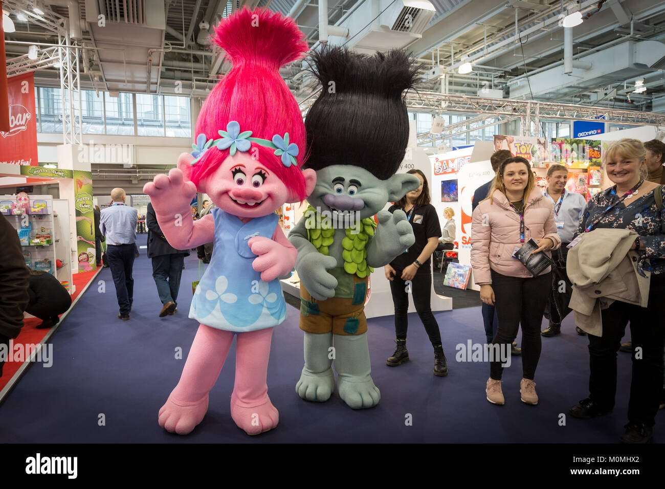 London, UK. 23rd Jan, 2018. Poppy and Branch from Trolls posing for the photograph at the Toy Fair 2018. Credit: Laura De Meo/ Alamy Live News Stock Photo