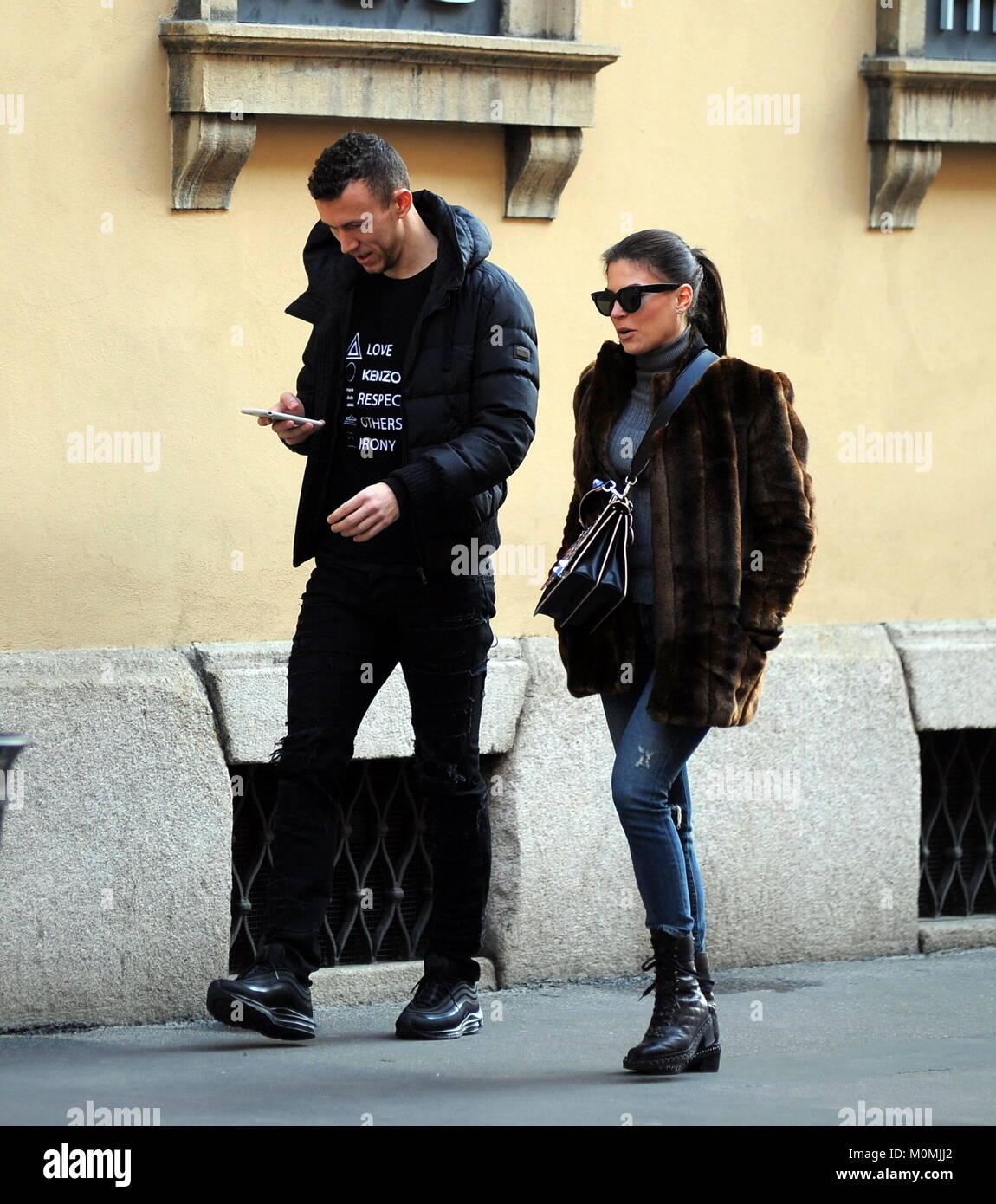 Milan, Italy, 23 Jan 2018.Ivan Perisic and wife Josipa in the center Ivan Perisic, striker of INTER and of the national team of CROATIA, arrives in the center to do some shopping.