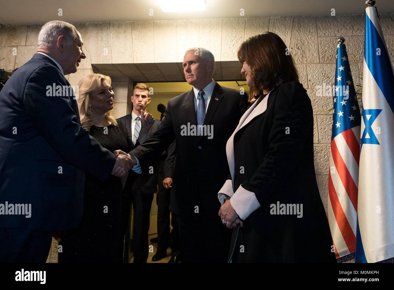 Jerusalem, Israel. 22nd Jan, 2018. U.S. Vice President Mike Pence, right, and wife Karen Pence, are welcomed for a private dinner hosted by Israeli Prime Minister Benjamin Netanyahu and wife Sara, left, at the Prime Ministers residence January 22, 2018 in Jerusalem, Israel. Credit: Planetpix/Alamy Live News Stock Photo