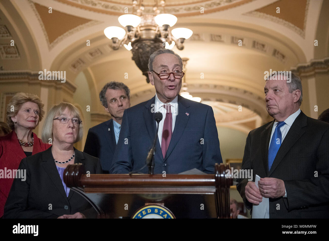 Washington, United States Of America. 23rd Jan, 2018. United States Senate Minority Leader Chuck Schumer (Democrat of New York) make remarks following the Democratic Party policy luncheon in the US Capitol in Washington, DC on Tuesday, January 23, 2018. Pictured from left to right: US Senator Debbie Stabenow (Democrat of Michigan), US Senator Patty Murray (Democrat of Washington), US Senator Sherrod Brown (Democrat of Ohio), Leader Schumer, and US Senator Dick Durbin (Democrat of Illinois). Credit: Ron Sachs/CNP Photo via Credit: Newscom/Alamy Live News Stock Photo
