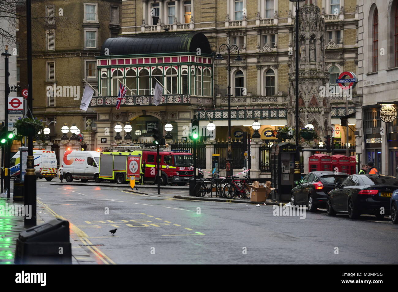 A fire engine outside Charing Cross railway station on the Strand in