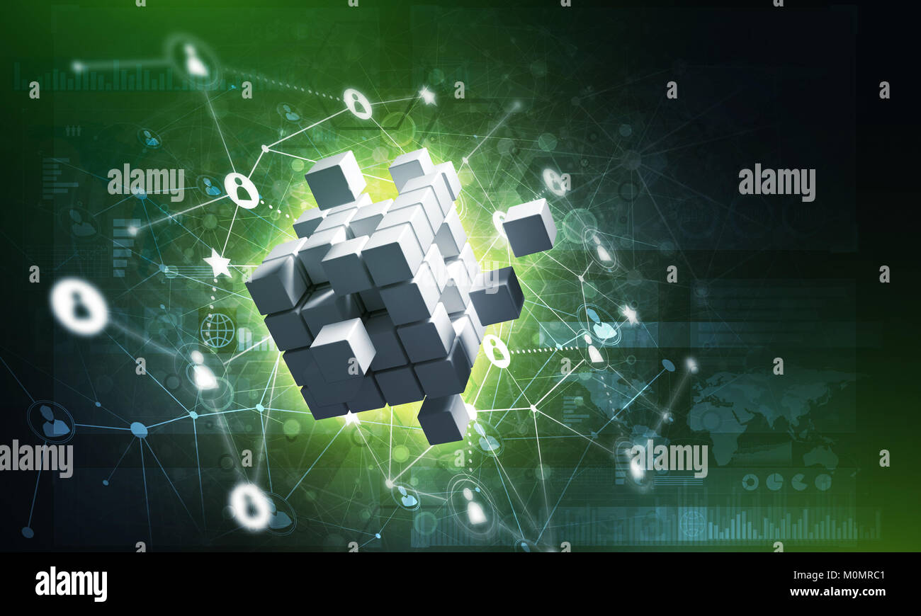 Concept of Internet and networking with digital cube figure on dark ...