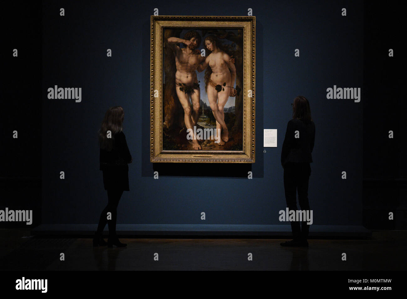 Visitors look look at 'Adam and Eve' by Jan Gossaert, during a press view for the Charles I: King and Collector exhibition, at the Royal Academy of Arts in London. Stock Photo