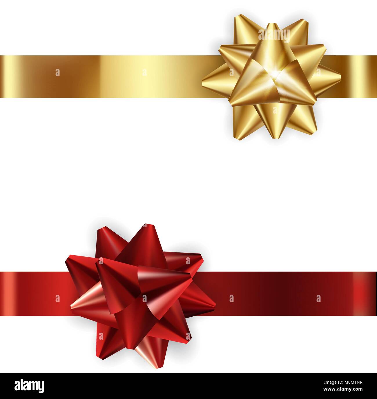 Set of decorative golden and red bows with horizontal ribbons isolated on white. Stock Vector
