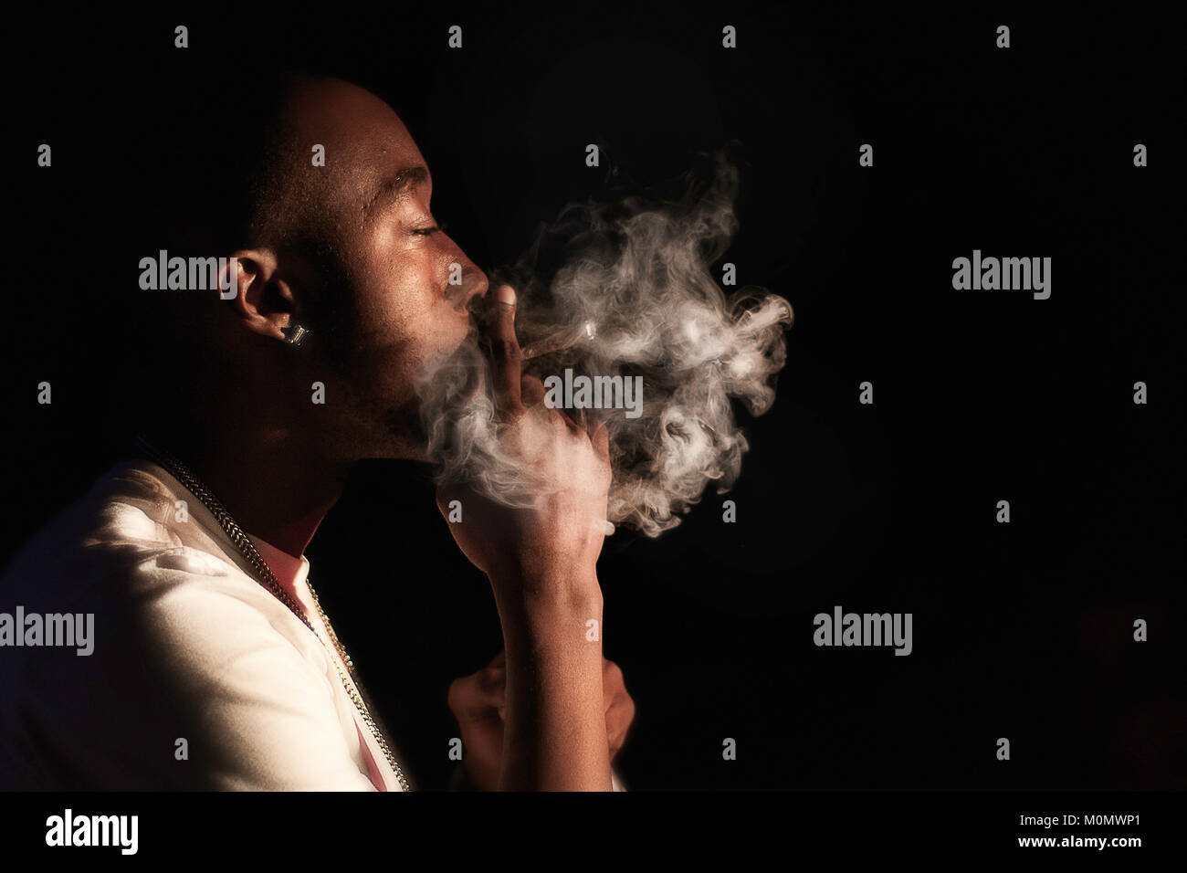 The American rapper Freddie Gibbs is smoking a blunt under a live ...