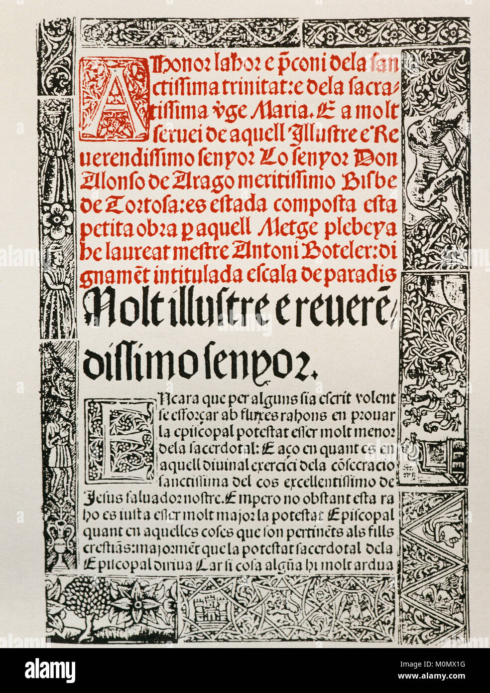 Catalan Literature. 15th century. Antoni Boteler or Boteller. Writer and Catalan doctor, probably from Tortosa. 'Escala de Paradis'. Ascetic work. Cover. Edition in Barcelona by Juan Rosemback in 1495. Incunabula. Engraving. Stock Photo