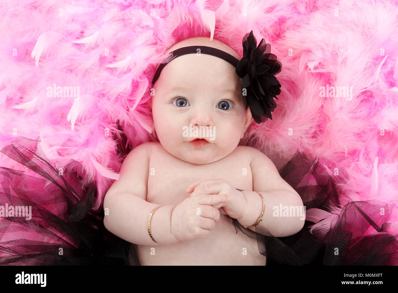 pretty litter girl, 4 month old baby girl in tutu on pink feathers
