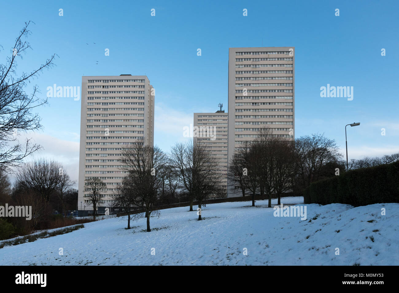 Sandyhills Flats from Comrie Park in winter, Glasgow Stock Photo
