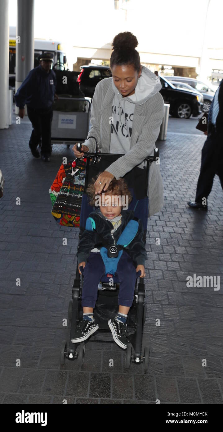 Thandie Newton and her son Booker arrive at Los Angeles International