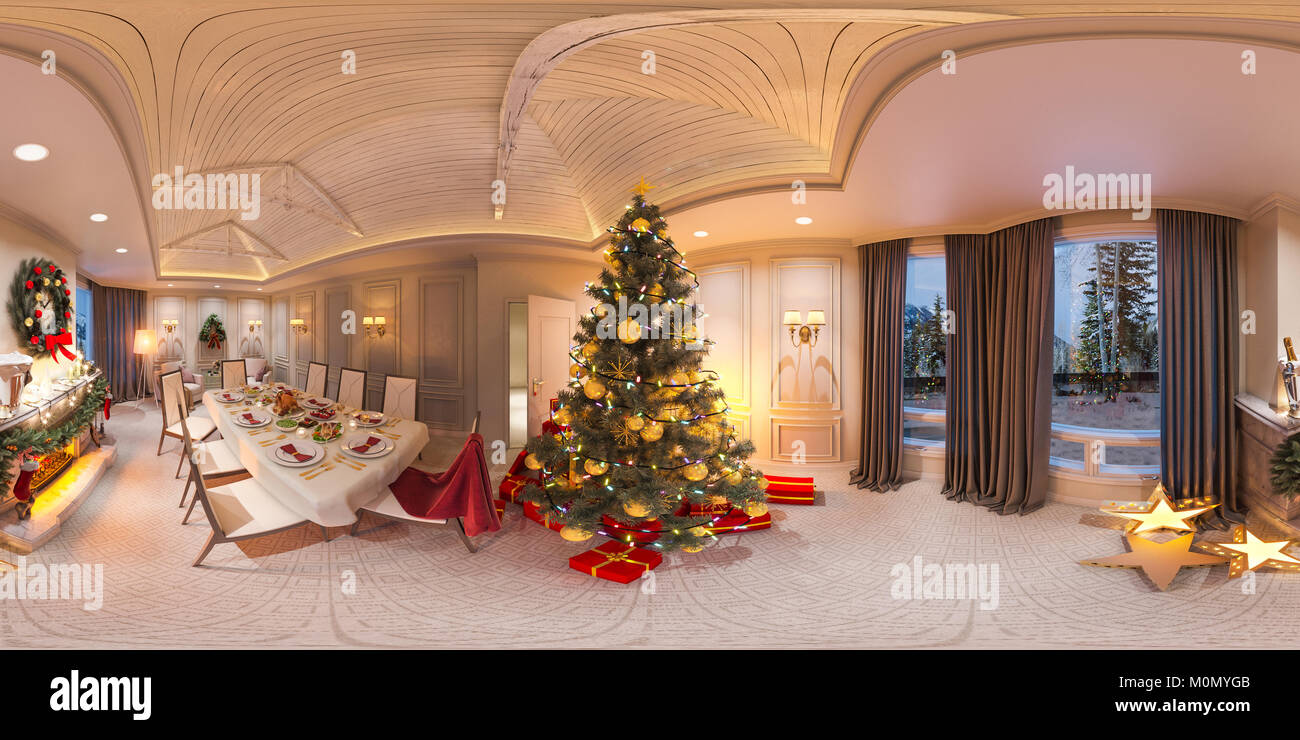 Seamless 360 panorama Christmas interior with a fireplace. 3d ...