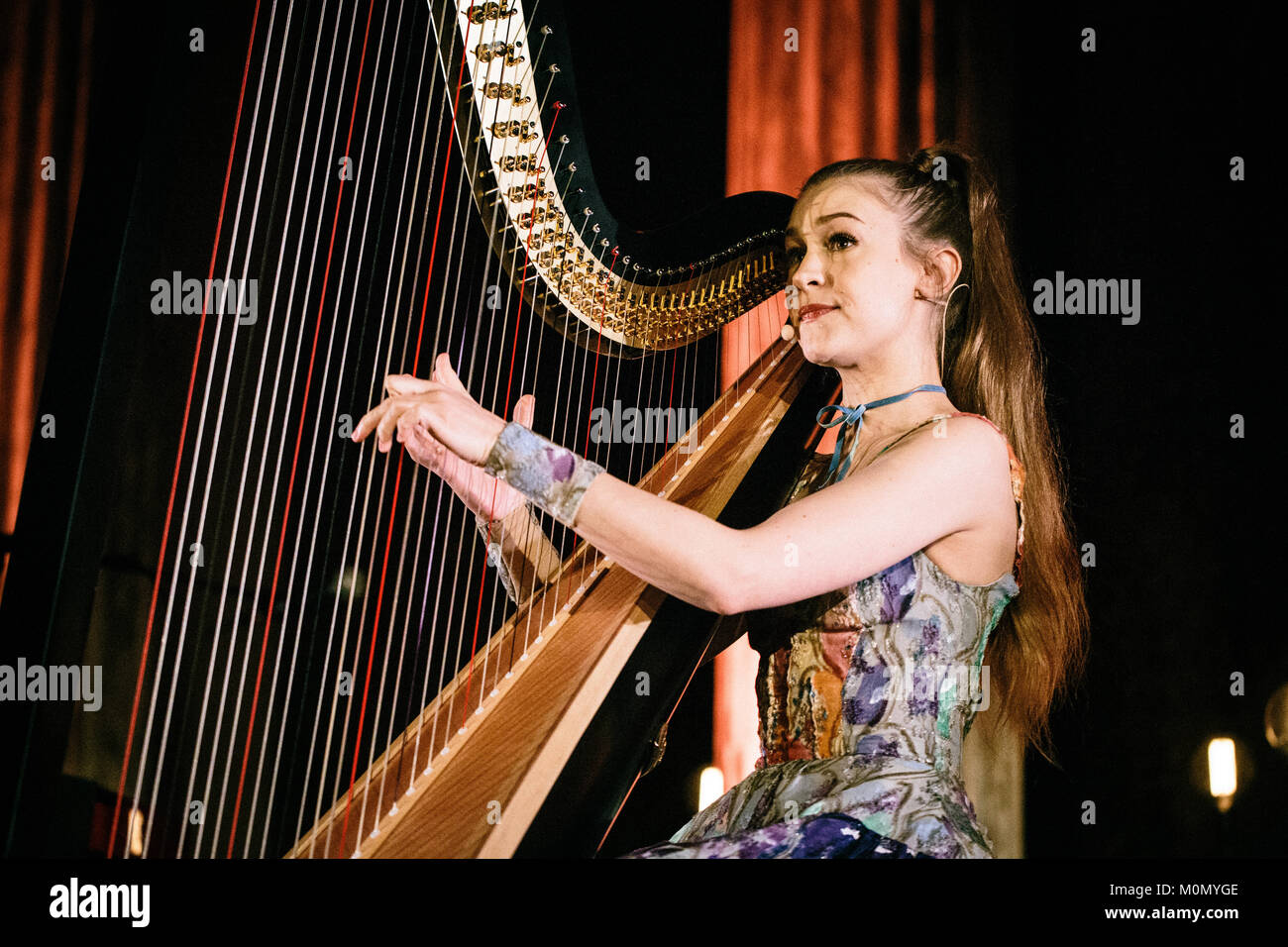 The American singer, songwriter and harpist Joanna Newsom performs a live concert at the New Carlsberg Glyptotek in Copenhagen as part of the Danish music festival Frost Festival 2016. Denmark, 26/02 2016. Stock Photo
