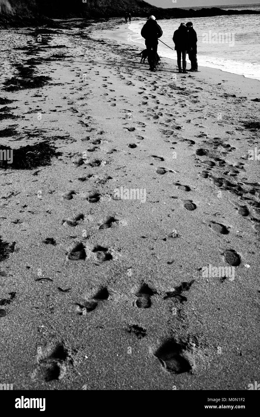 Footsteps are imprinted in the sand of Towan Beach, near Portscatho on the Roseland Peninsula, in Cornwall, Britain December 29, 2017 Stock Photo