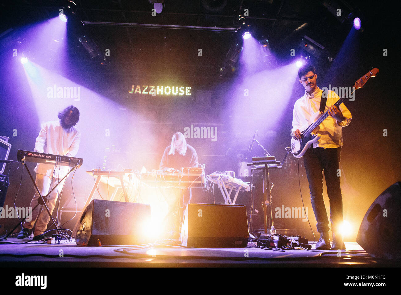 The Danish-Finnish musical group Liima performs a live concert at Jazzhourse Copenhagen. The band consists of the three Efterklang members Mads Brauer, Casper Clausen and Rasmus Stolberg and the Finnish percussionist Tatu Rönkö. Denmark, 26/03 2015. Stock Photo
