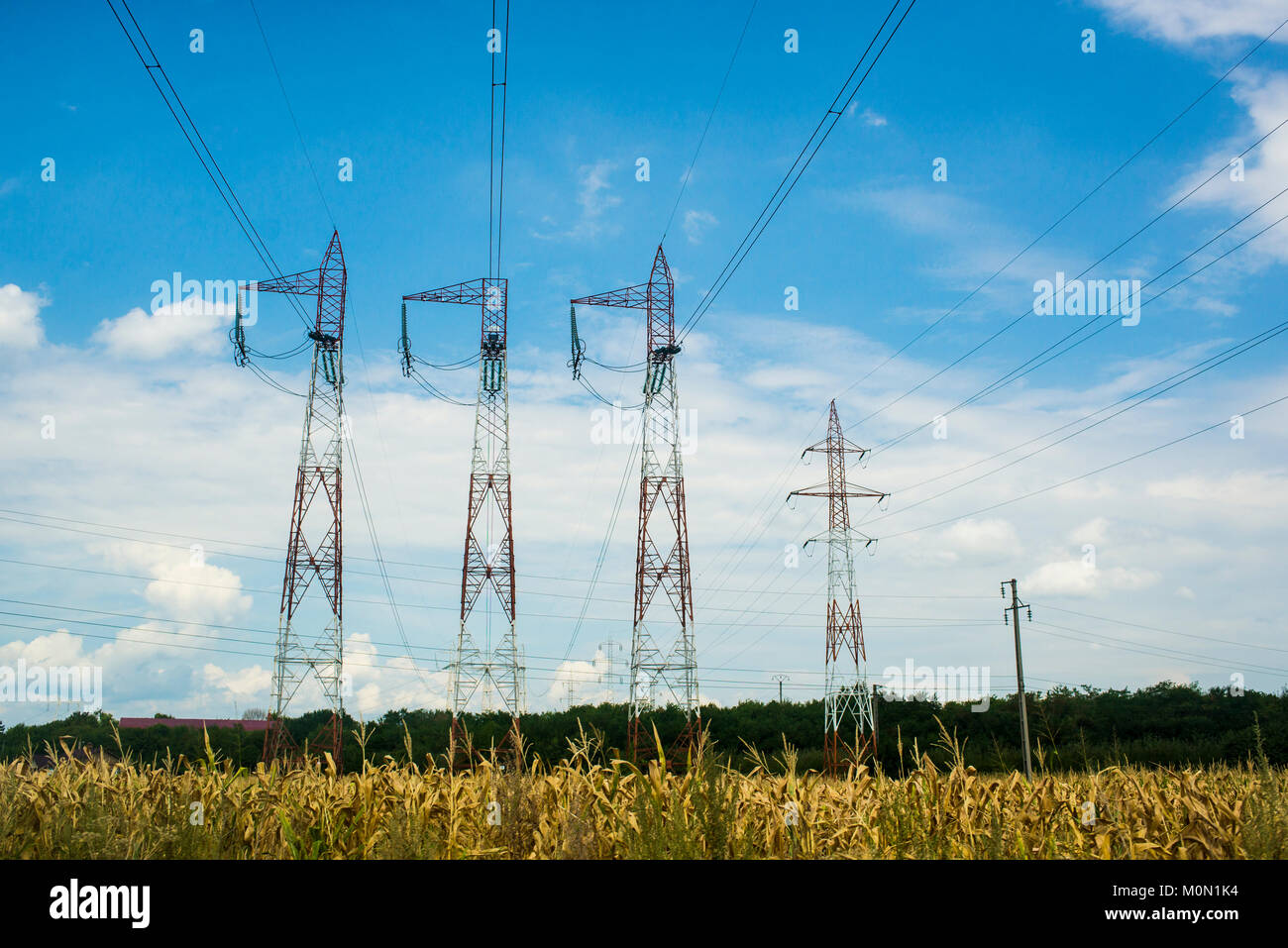 High voltage transmission towers for elecrticity Stock Photo
