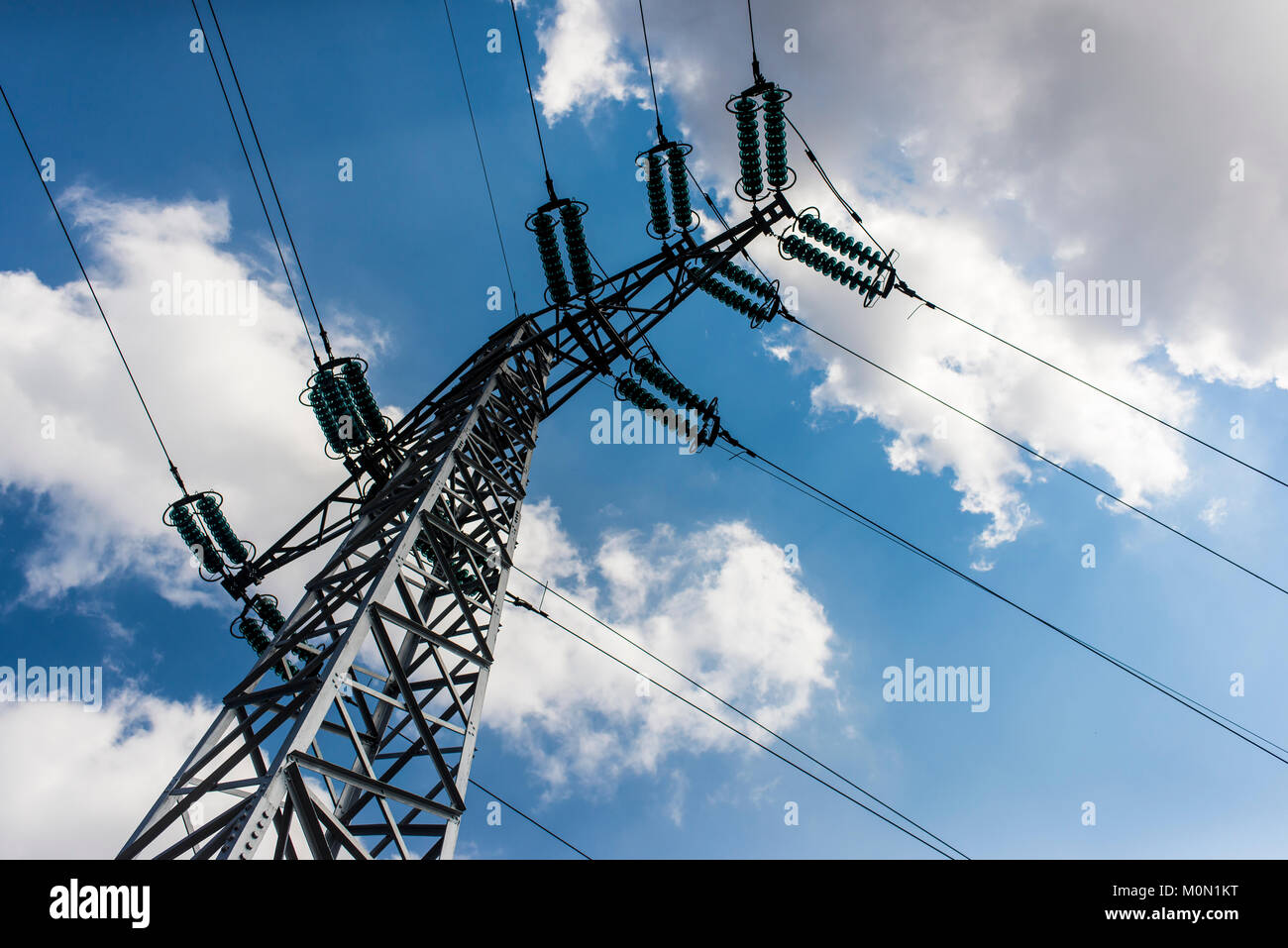 High voltage transmission lines for elecrticity Stock Photo