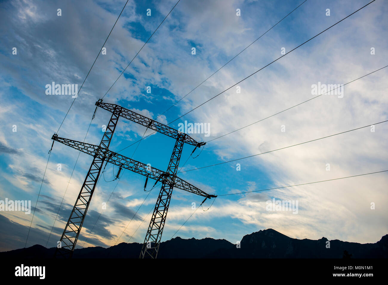 High voltage transmission lines for elecrticity Stock Photo