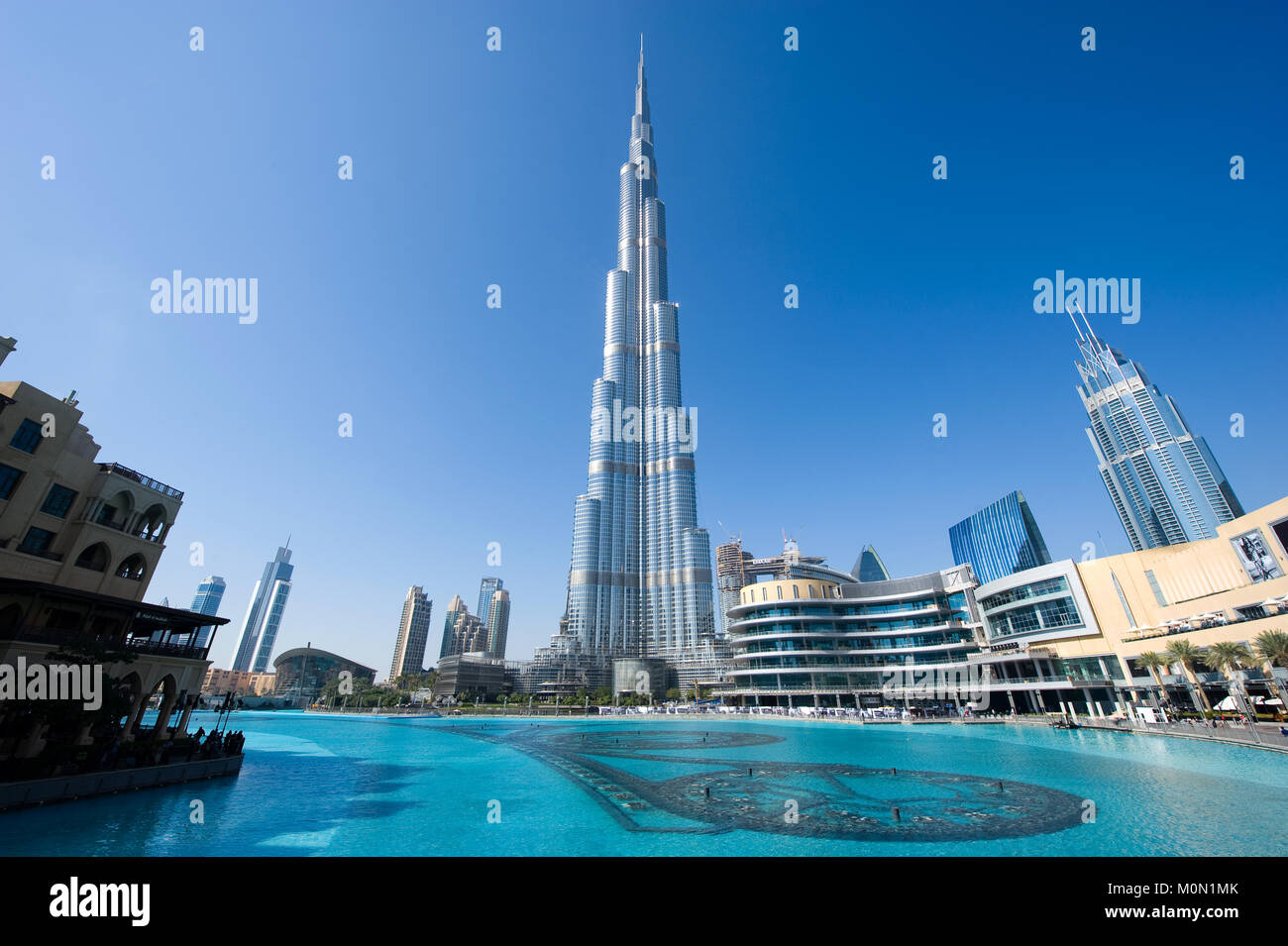 DUBAI, UNITED ARAB EMIRATES - JAN 02, 2018: The Burj Khalifa in the center of Dubai is the tallest building in the world with 828 meters high. Stock Photo