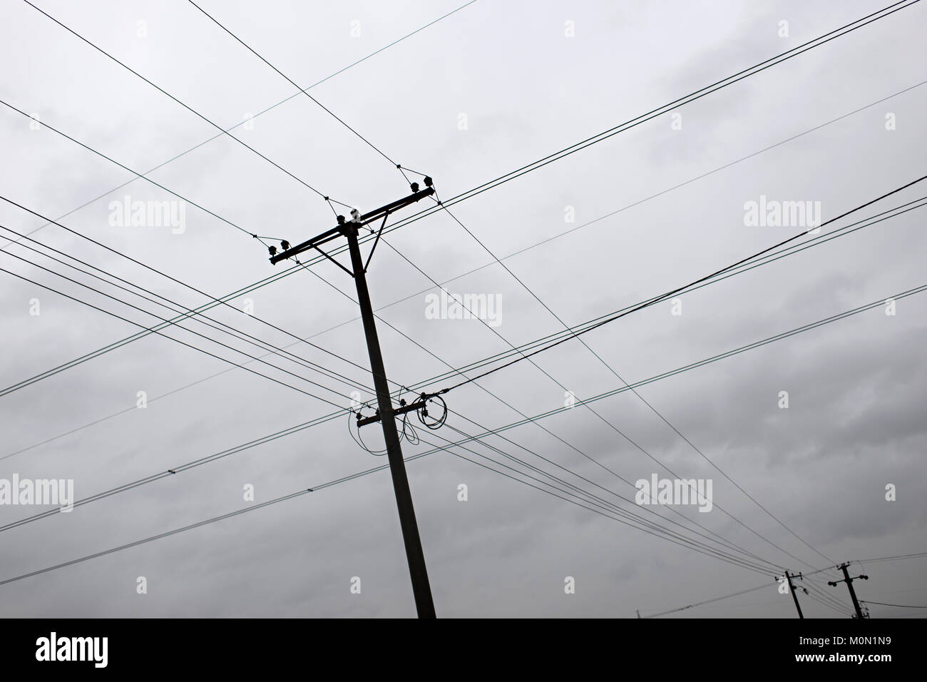 High voltage transmission lines for elecrticity Stock Photo