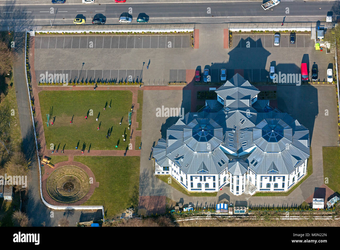 The Blue Mosque on Paschenberg with football field, youth football training, Herten, Ruhr area, North Rhine-Westphalia, Germany, Europe, Herten, Ruhr  Stock Photo