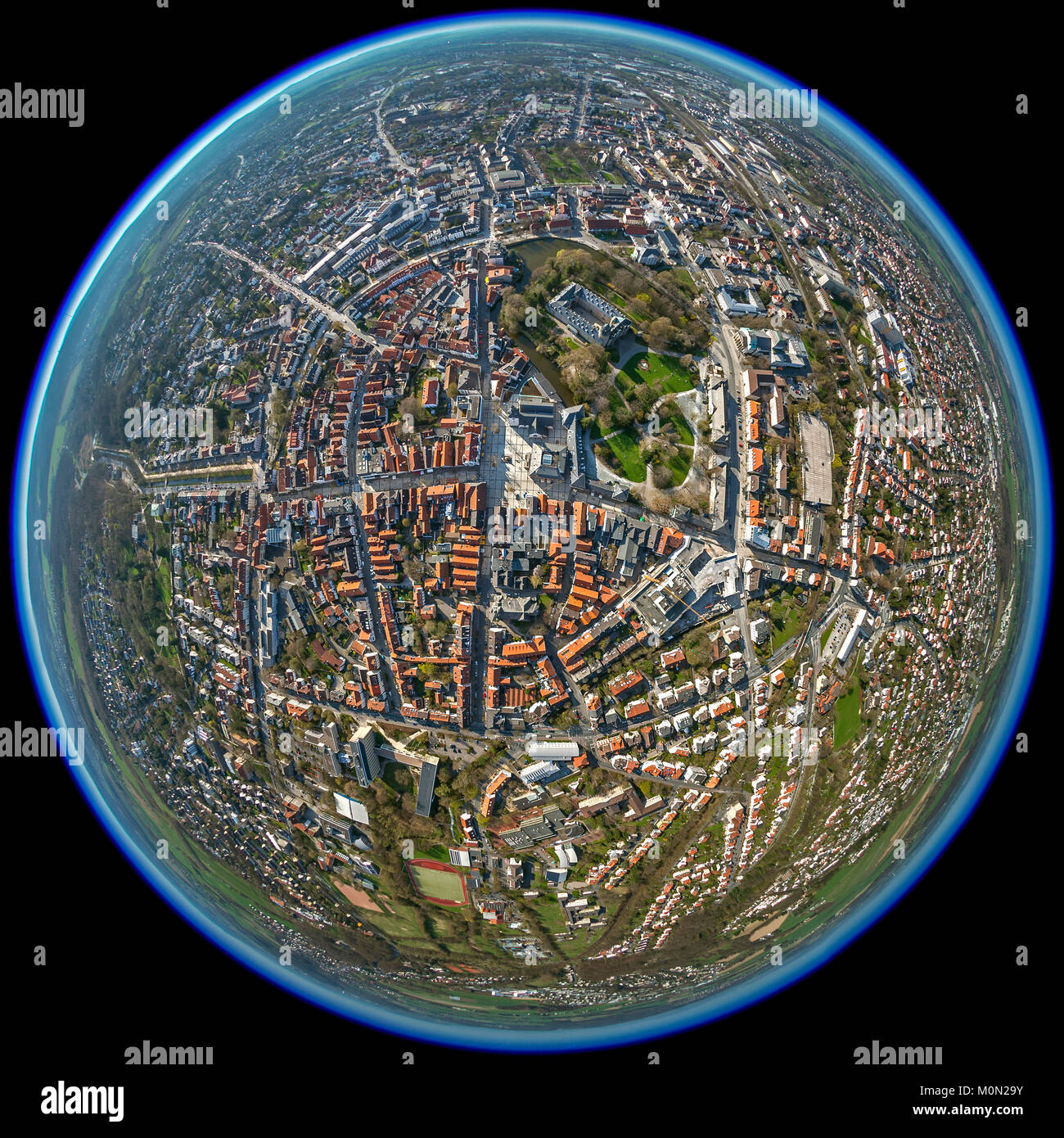 Princely Residence Castle Detmold, new square with Church of Our Savior,fisheye lens, the seat of the Tourist Information lip & Detmold, fisheye lens Stock Photo