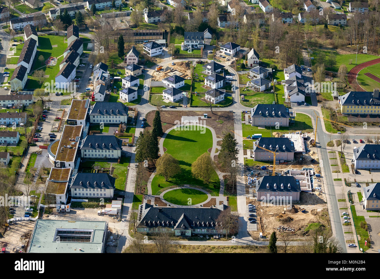 Development area, one-family houses, Walter-Bröker-Ring, aerial photograph of Detmold, Detmold, North Rhine-Westphalia, Germany, Europe, aerial view,  Stock Photo