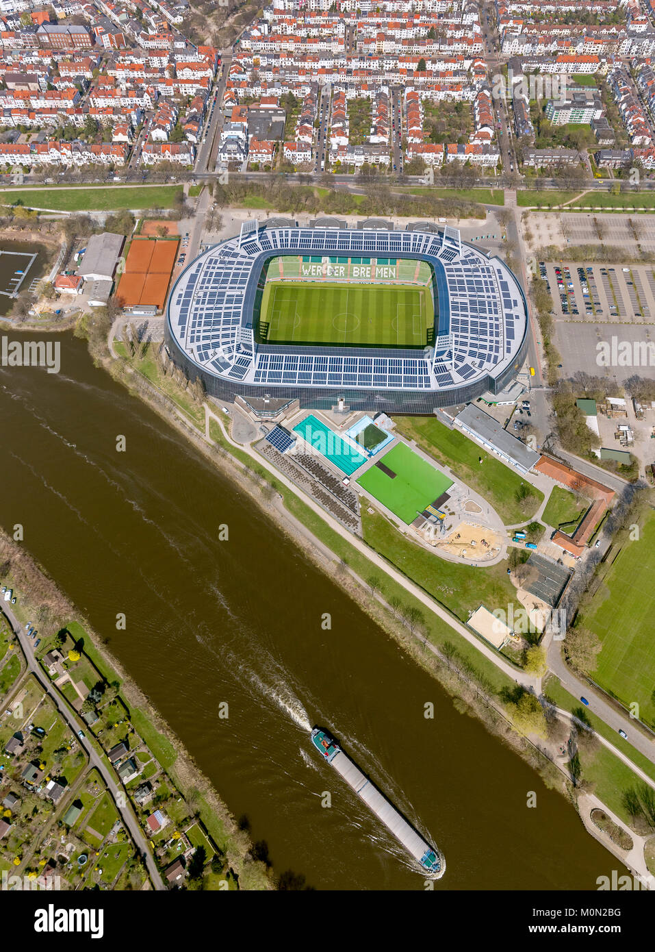Weserstadion of Werder Bremen GmbH & Co. KGaA, Bundesliga football club, solar roof, Stadium football stadium on the river Weser, aerial photography,  Stock Photo