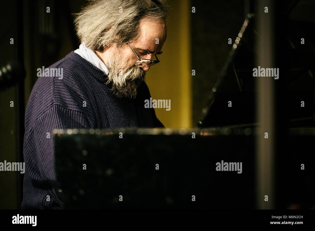 The Ukrainian composer and pianist Lubomyr Melnyk performs a live concert at the Danish music festival Frost Festival 2016 in Copenhagen. Here Melnyk is seen during the rehearsals. Denmark, 24/02 2016. Stock Photo