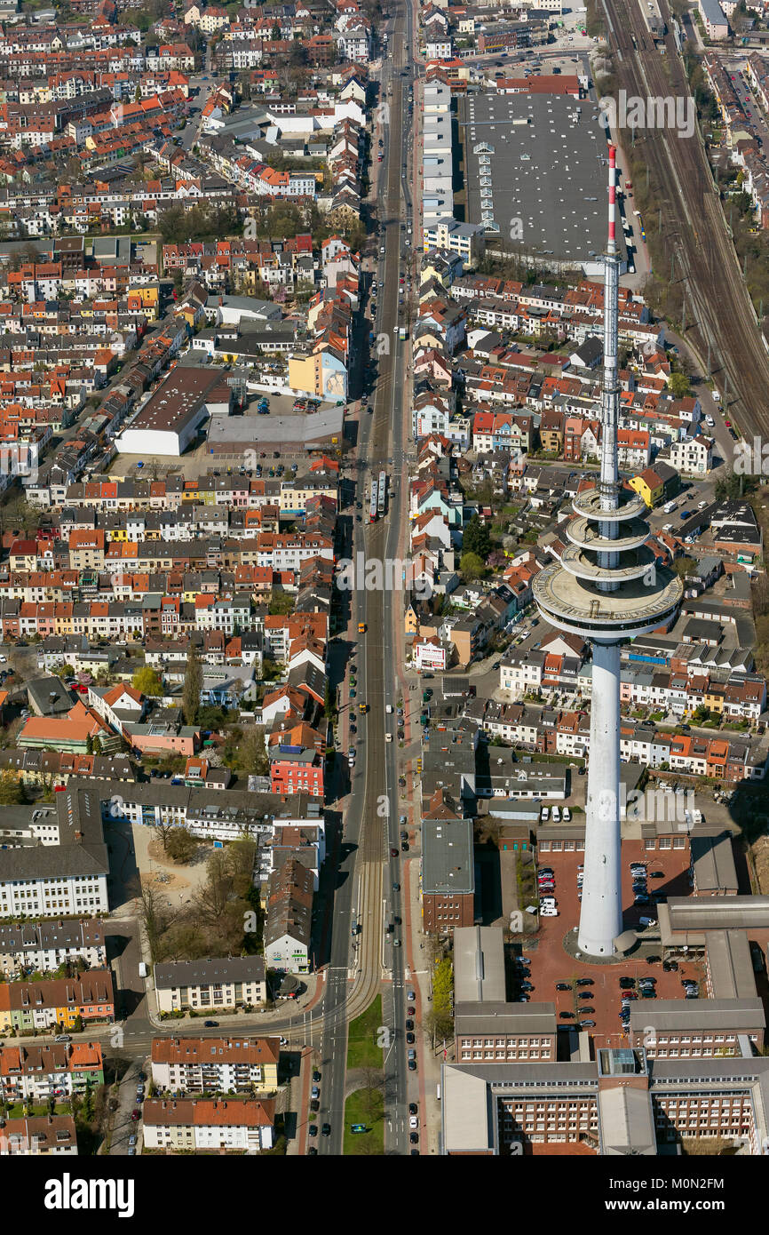 Row of houses in the district Findorff, tenements, flats, red tiled roofs, penthouses, aerial view, aerial photographs of Bremen, Bremen, Germany, Eur Stock Photo