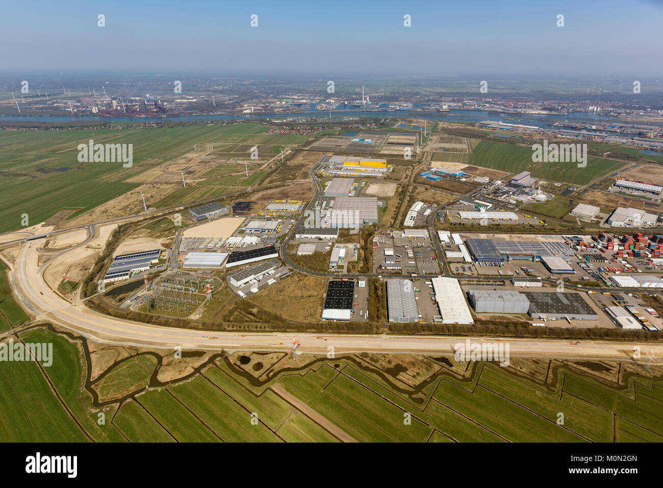GVZ Bremen, goods distribution center, industrial zone south of the port of Bremen, aerial view, aerial photographs of Bremen, Bremen, Germany, Europe Stock Photo