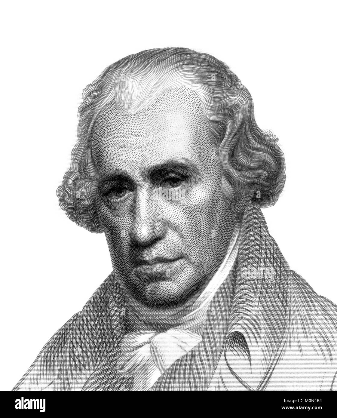 James Watt. Portrait of the 18thC mechanical engineer and inventor of the condensing steam engine. Engraving by William G Jackman, 1880. Stock Photo