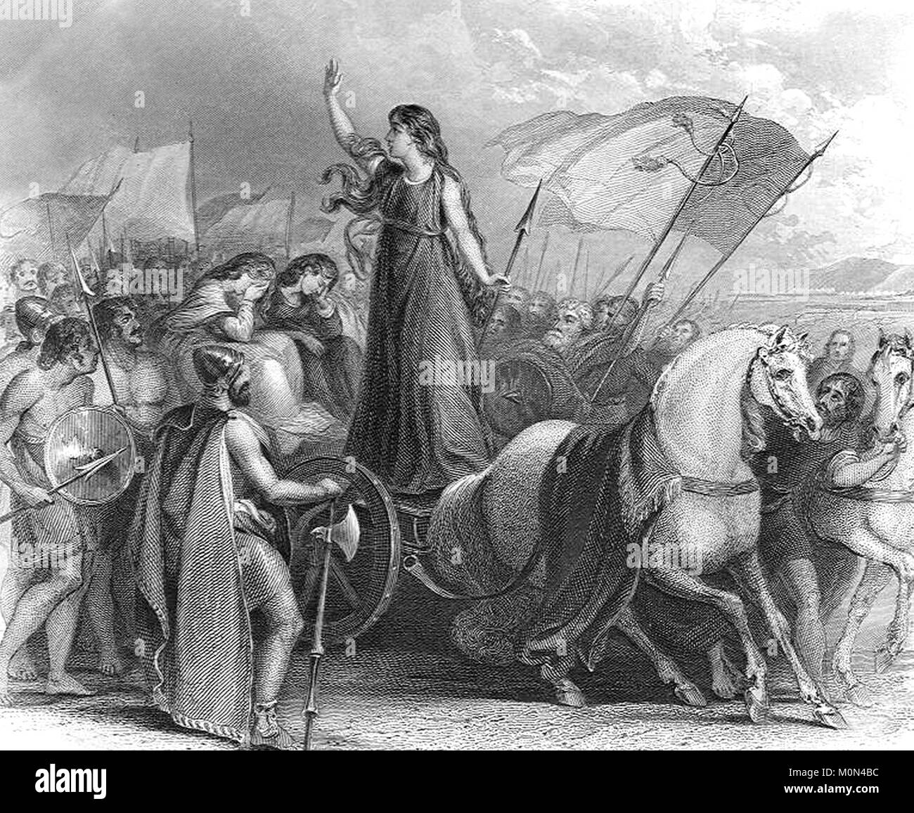 Boudica or Boudicca. Engraving titled 'Boadicea haranguing the Britons', 1860. Stock Photo