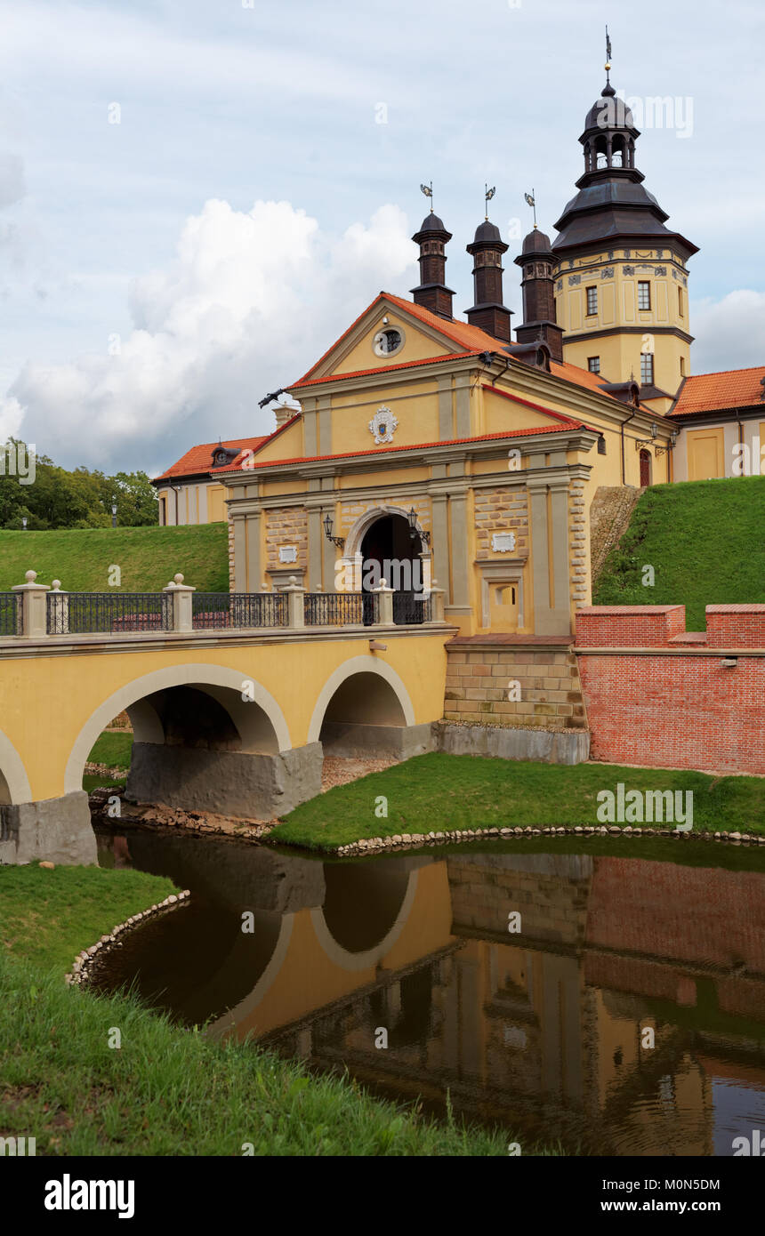 Nesvizh, Belarus - August 27, 2012: Residential castle of the Radziwill family. After reconstruction, since 2006 the castle is listed as UNESCO World  Stock Photo