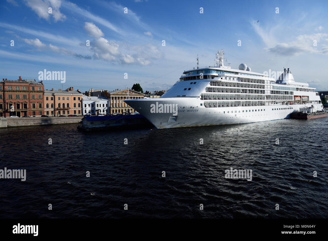 St. Petersburg, Russia - June 23, 2015: Cruise ship Silver Whisper anchored at English Embankment. The liner of company SILVERSEA may accommodate 382  Stock Photo