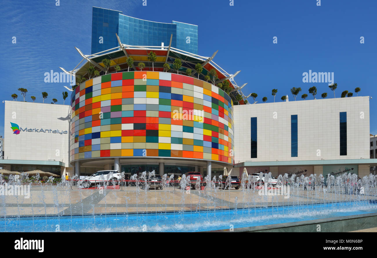 Antalya, Turkey - March 26, 2014: People in front of the shopping mall Mark Antalya. Opened in 2013, it is the only shopping center in the central par Stock Photo