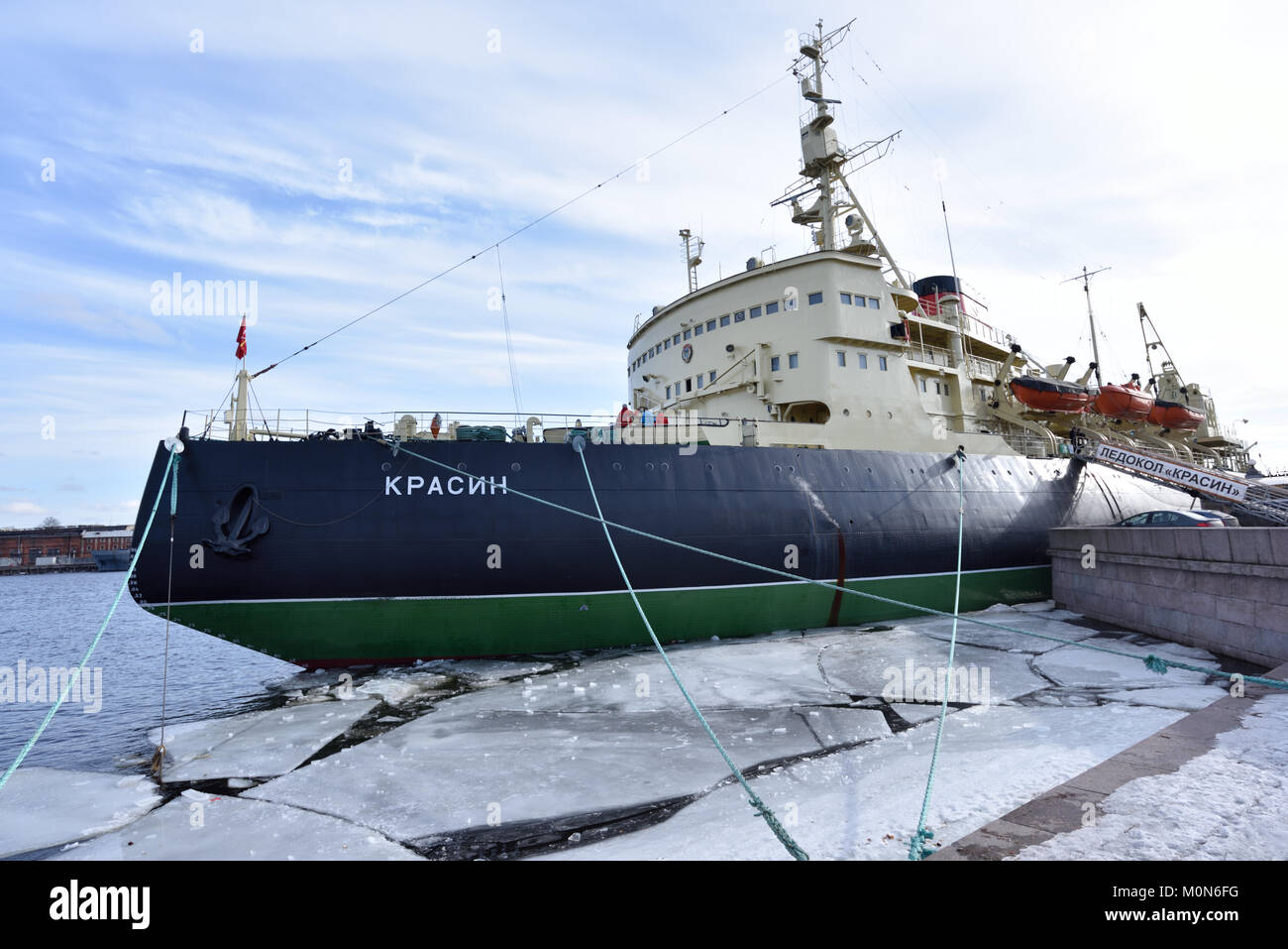 St. Petersburg, Russia - March 6, 2015:Museum ship icebreaker Krasin anchored in Saint Petersburg. Built in 1917, it become famous in 1928 during the  Stock Photo