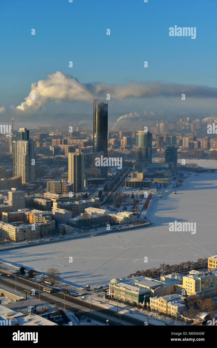 Yekaterinburg, Russia - January 2, 2015: Aerial view to the city in a winter day. Yekaterinburg is the most compact city with 1 million and more inhab Stock Photo