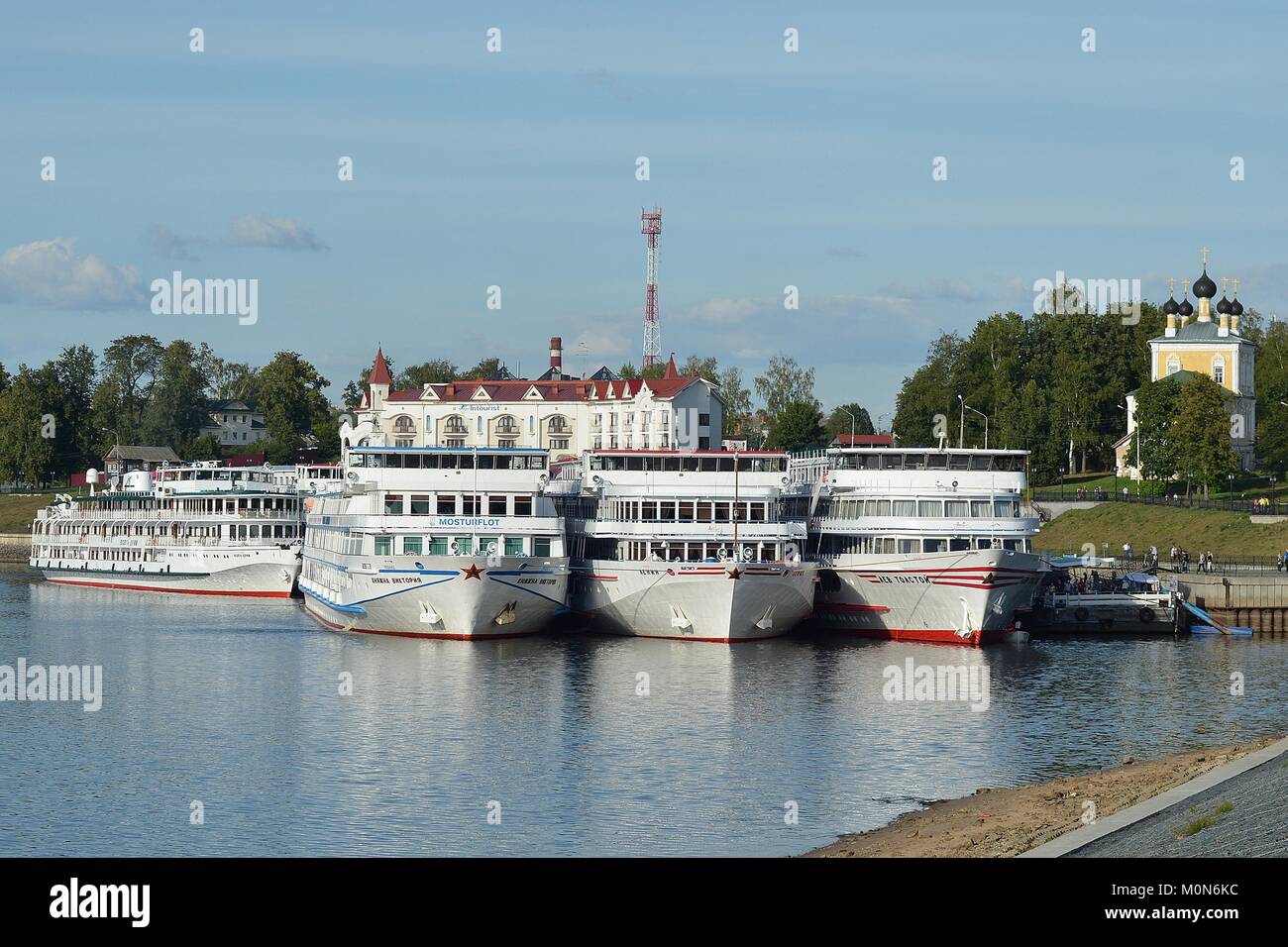 CRUISE BOATS ON THE VOLGA RIVER AT UGLICH Stock Photo