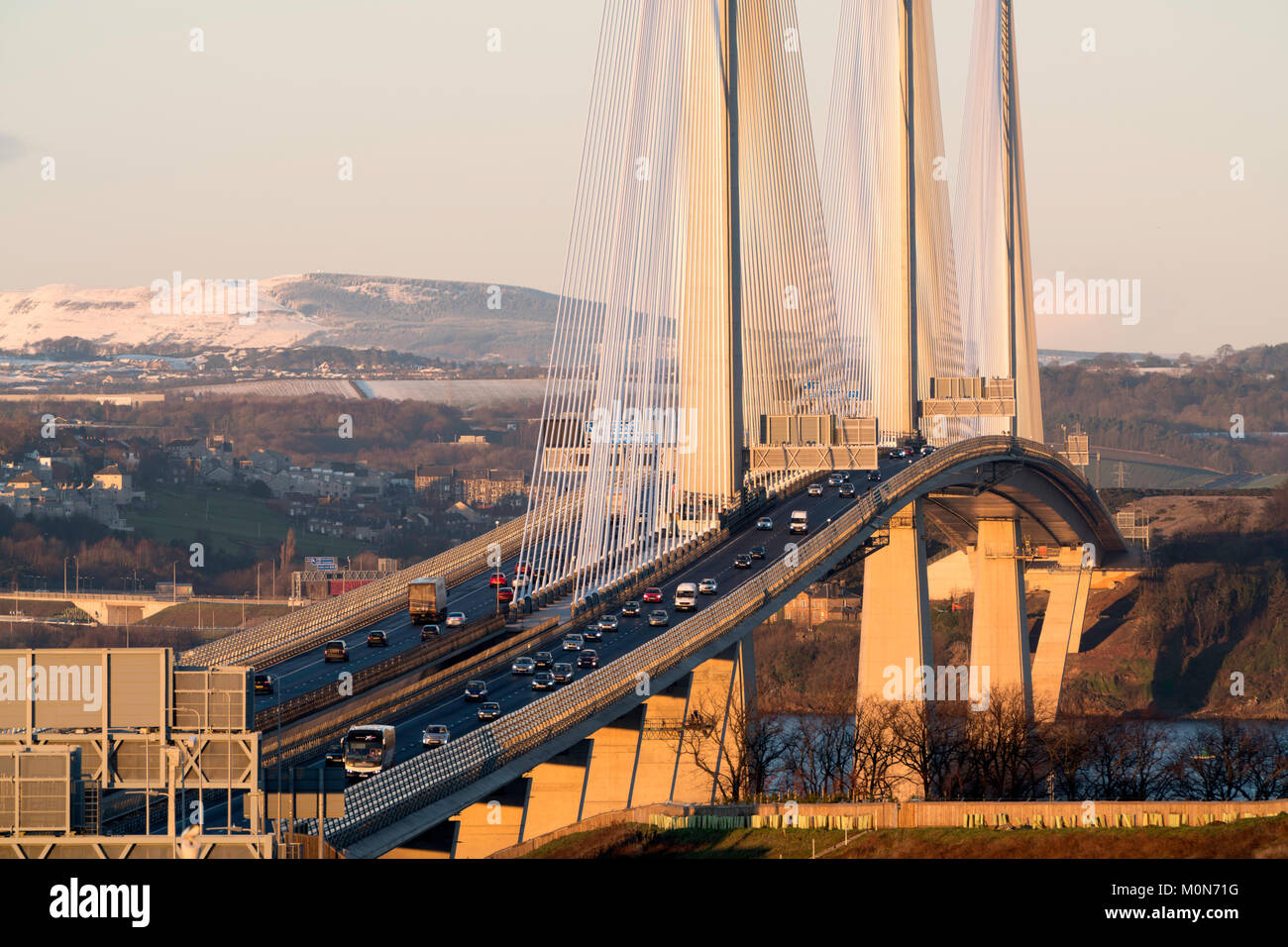 View of new Queensferry Crossing bridge spanning the River Forth at South Queensferry, Scotland, United Kingdom. Stock Photo
