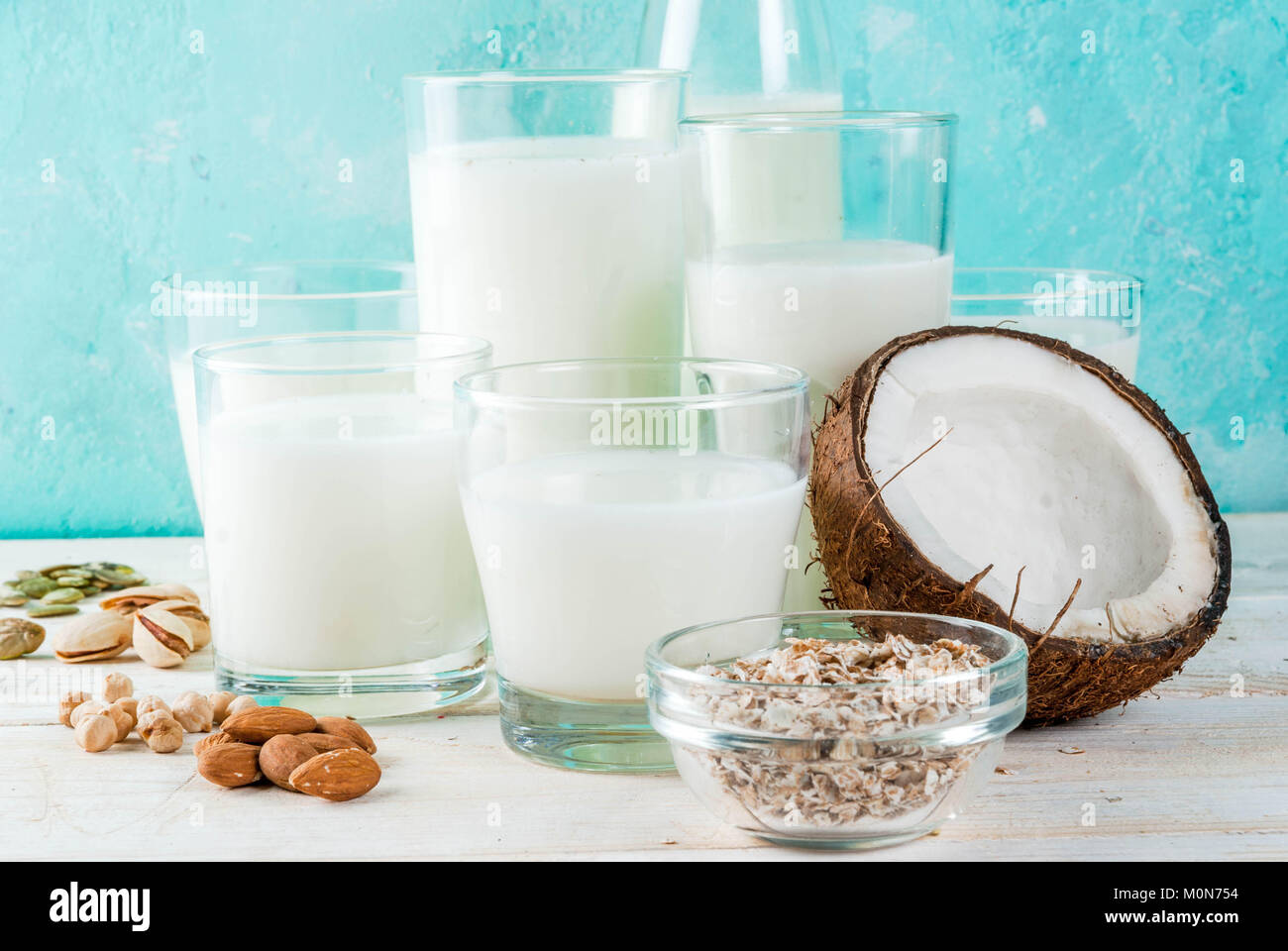 Vegan alternative food, set of various nondairy milk rice, coconut, almonds, pistachio