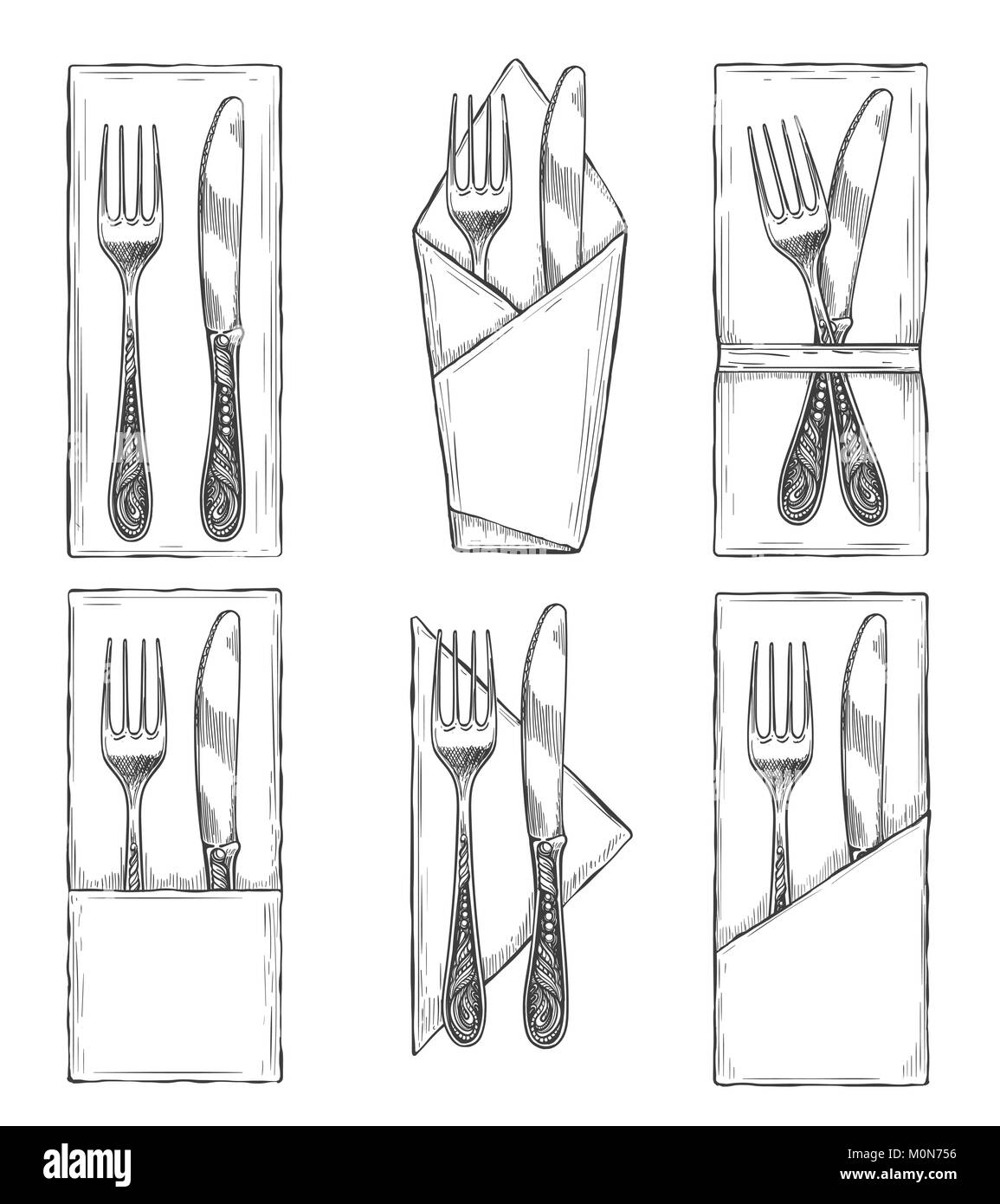 Cutlery on napkins sketch. Fork, knife and spoon on napkin set drawing, dinner table etiquette vector illustration Stock Vector