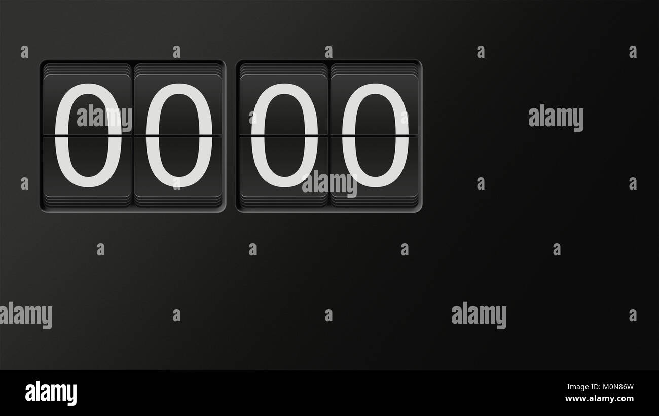 Classic flip clock watch face showing hour and minutes set to 00:00 with white numbers on black background; great copy space; nobody Stock Photo