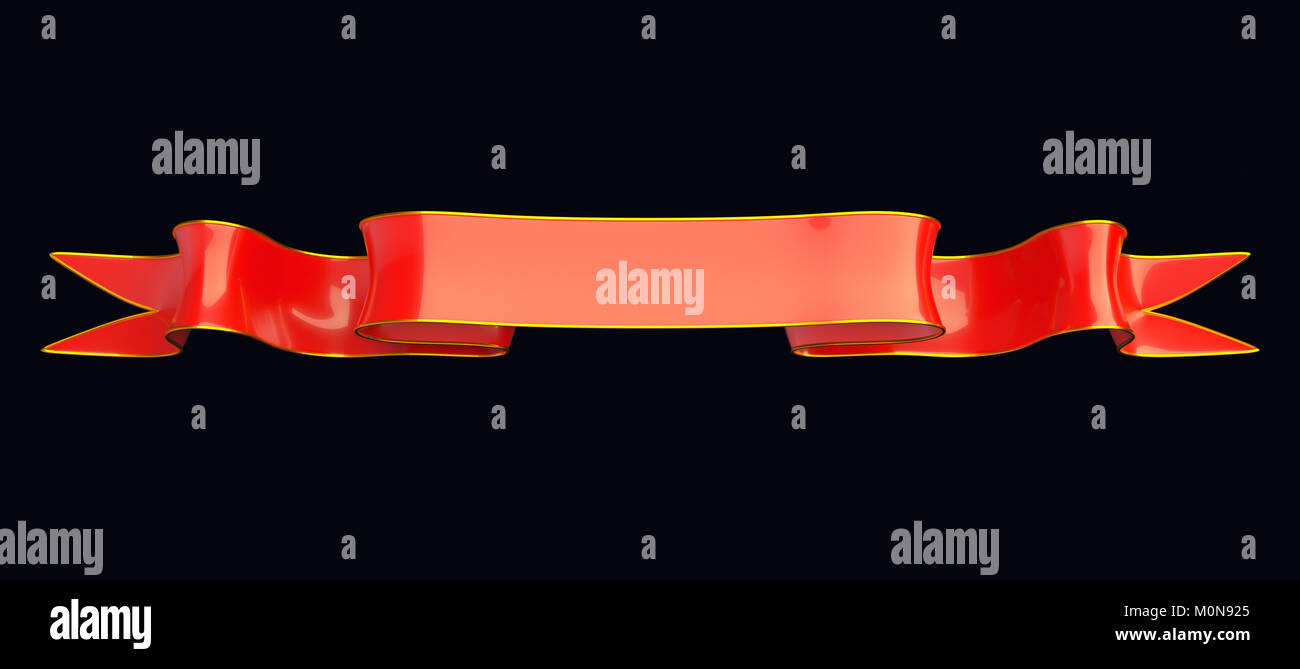 Red narrow ribbon with golden edging useful as badge or emblem. On black Stock Photo