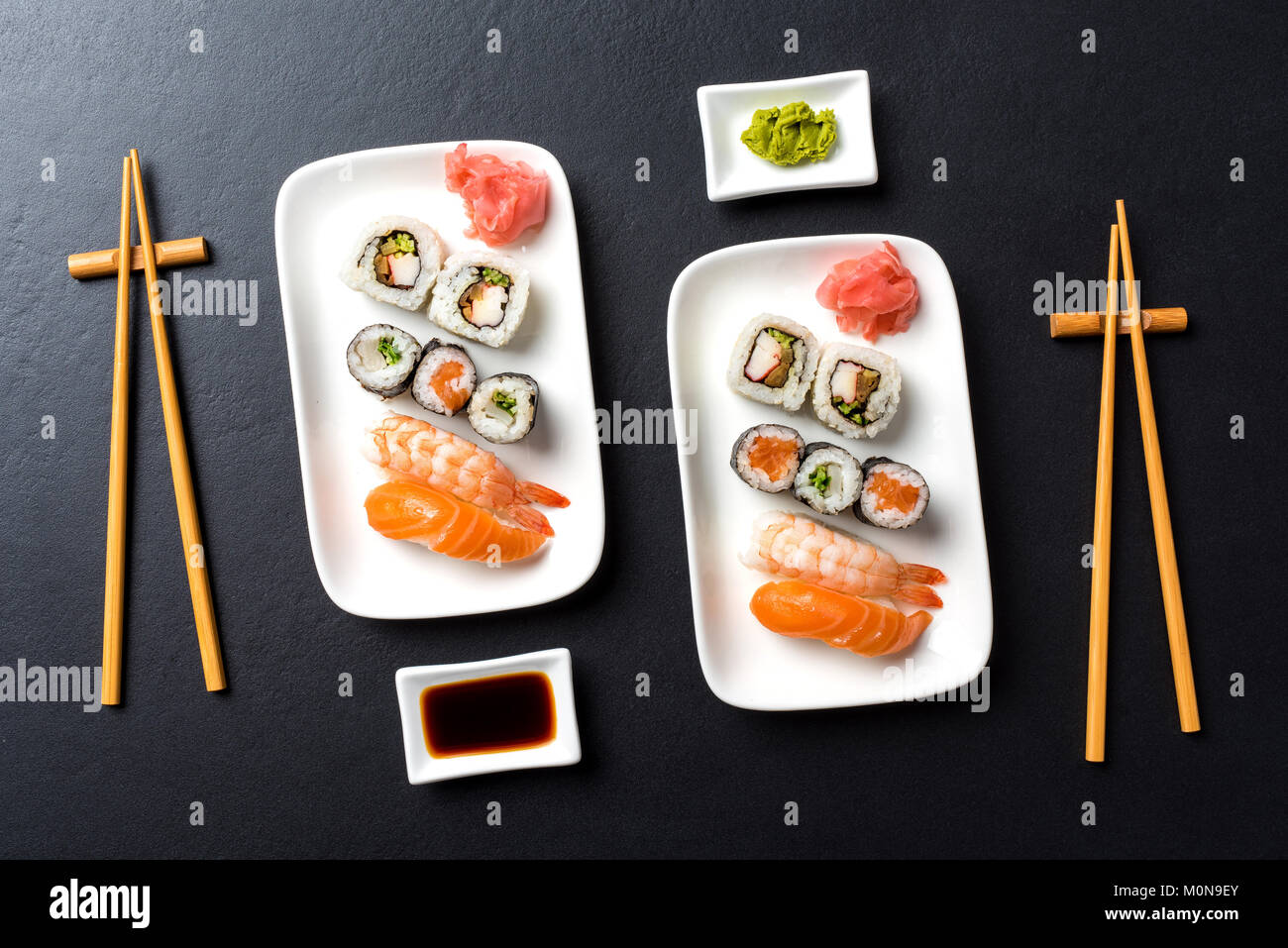 Japanese sushi with soy sauce and wasabi Stock Photo Alamy