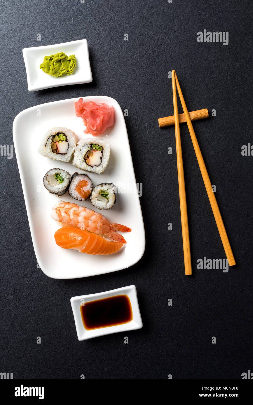 Japanese sushi with soy sauce and wasabi Stock Photo Alamy