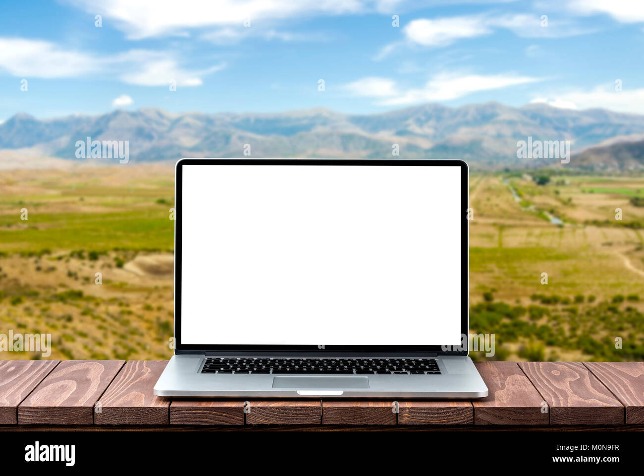 Modern laptop with empty white screen on wooden table against blurred ...