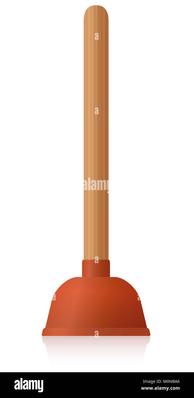 Toilet plunger with orange red rubber pump and wooden handle - domestic housework tool to unblock clogged sink and wc. Stock Photo