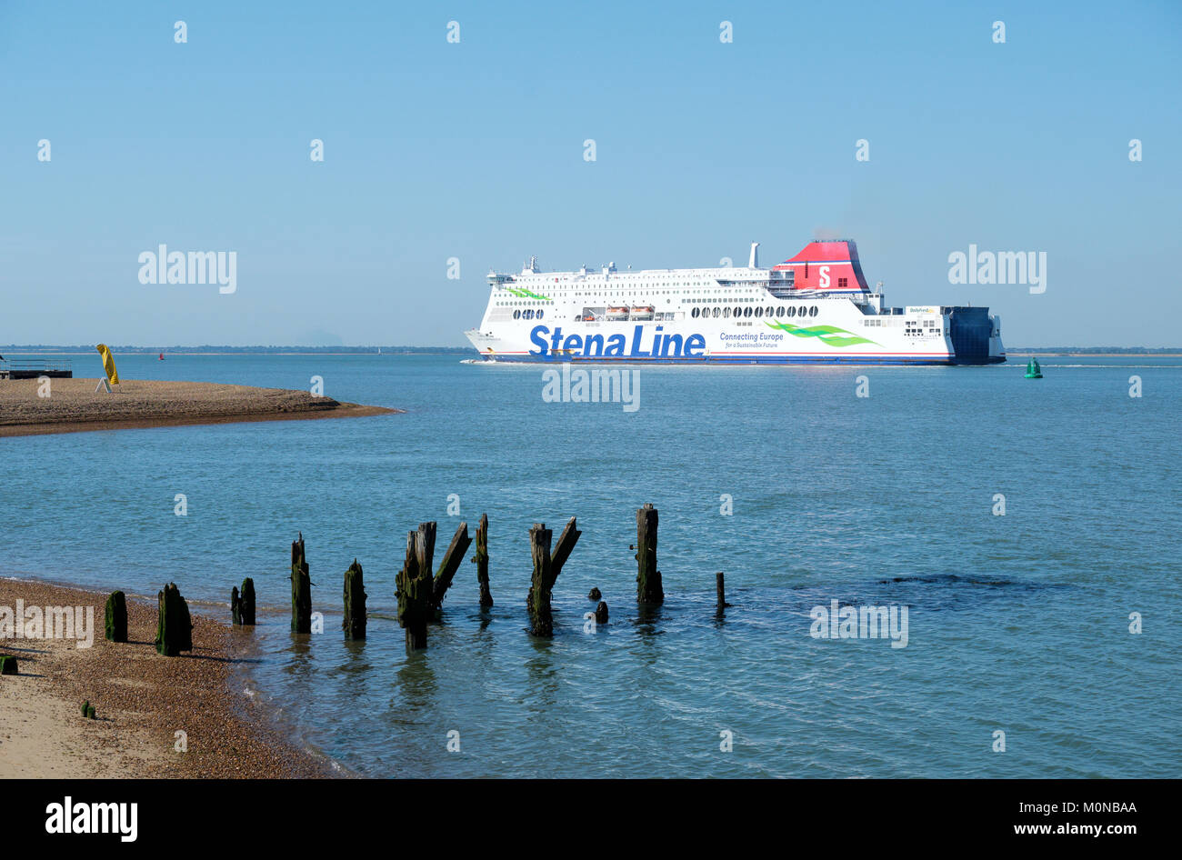 The Stena Line RoPax (roll-on/roll-off/passenger accomodation) ferry, Stena Brittanica departs from Harwich en route to the Hook of Holland, Felixstow Stock Photo