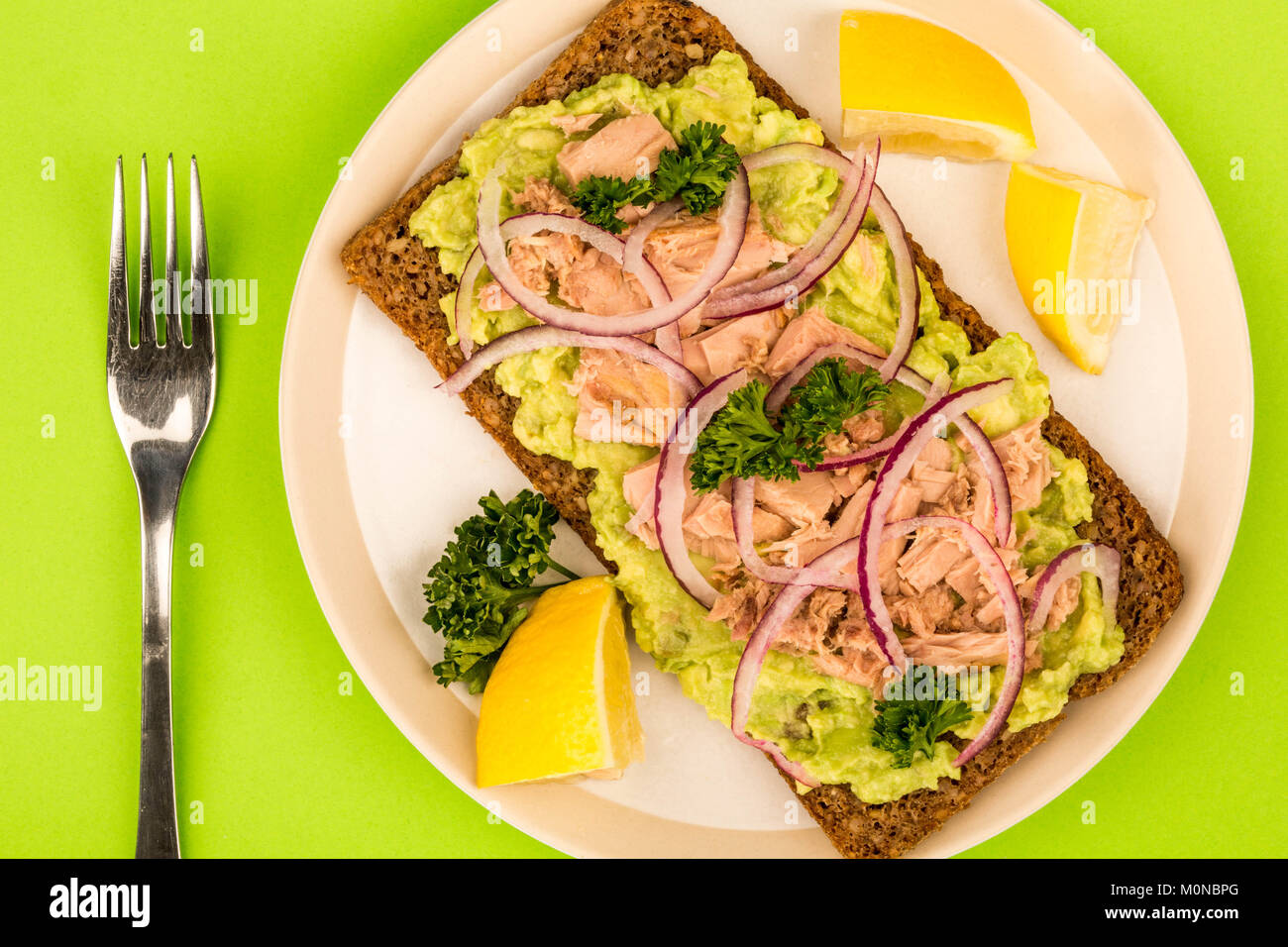 Tuna Fish and Avocado With Onions on Rye Bread Open Face Sandwich