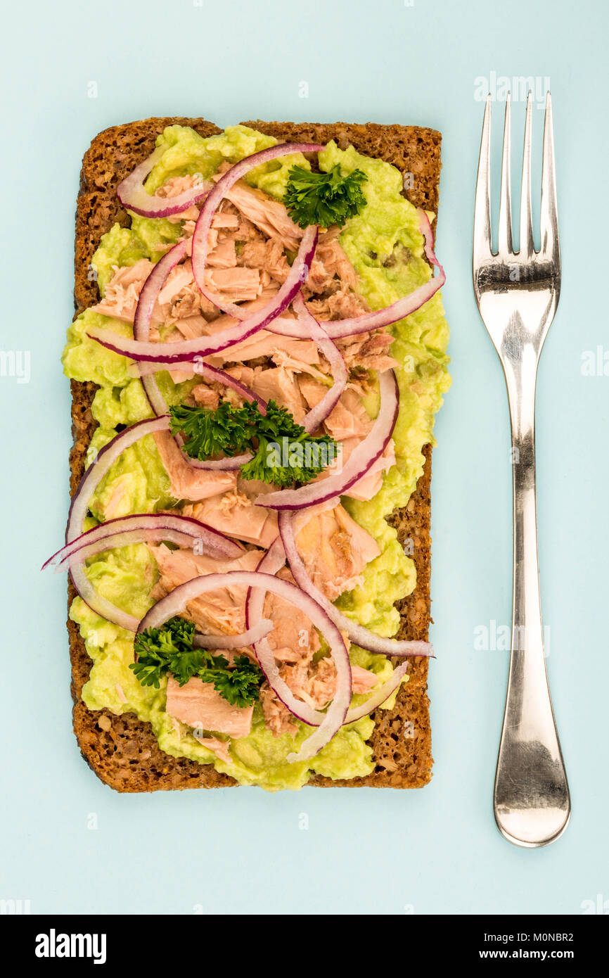 Tuna Fish and Avocado With Onions on Rye Bread Open Face Sandwich